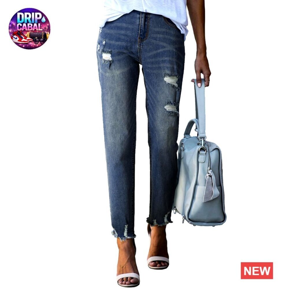 High Waisted Tummy Control Straight Ankle Ripped Jeans Classic Chic Casual